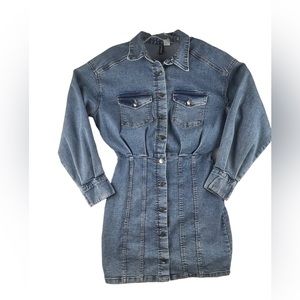 H&M Denim Dress Button Down Collared Fitted Long sleeve stretch pleaded‎ Medium
